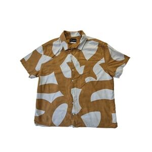 Original Use Mens XL Linen Blend Shirt Ochre Abstract Geometric Short Sleeve